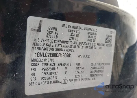 2012 Chevrolet Tahoe Commercial Fleet from USA, damaged, VIN 1GNLC2E08CR196981